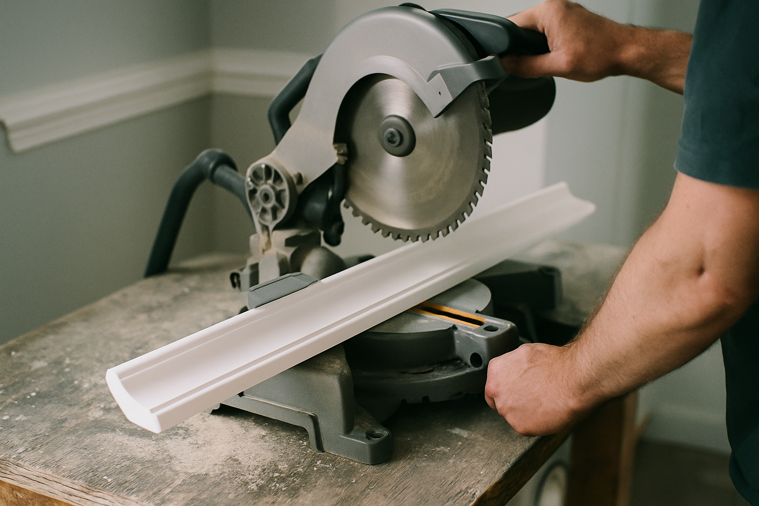 A length of white profiled crown molding resting face up on a compound miter saw in a home workshop, a person steadying it by hand, sawdust on the weathered bench.